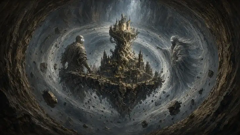 Painting of a fortress floating in a whirling storm inside a hollow mountain, its tower like a twisted tree, flanked by a glowing-eyed giant and a robed wind giant