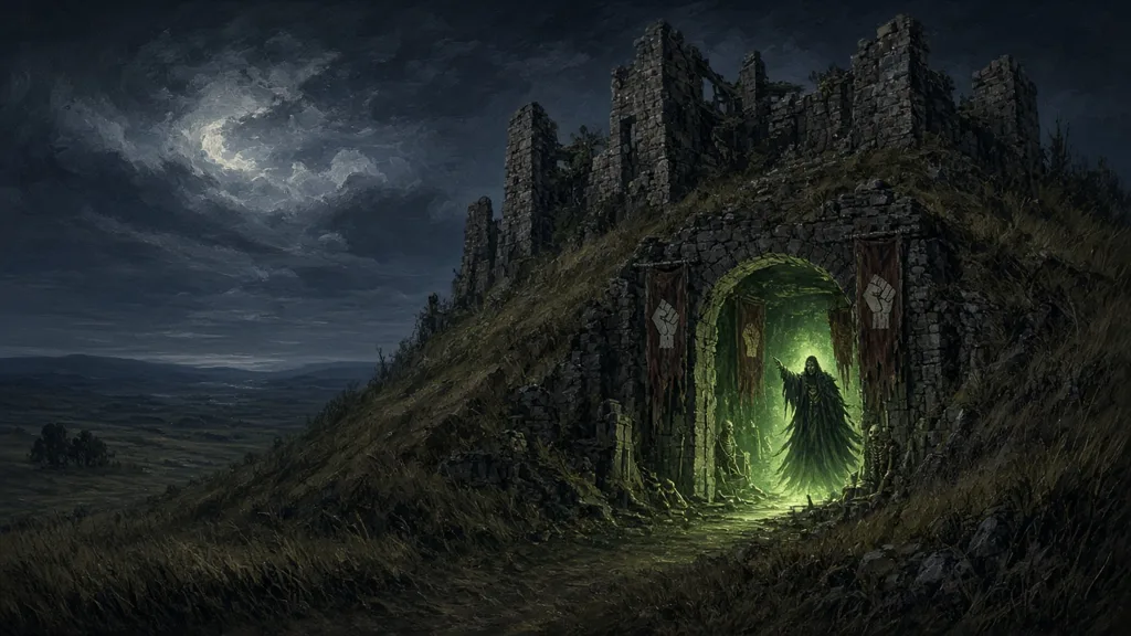 Painting of a ruined hillside keep at night with fist banners and a lich in a green-glowing doorway