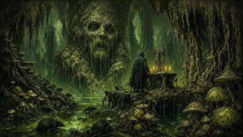 Painting of a rotting skull face looming in a green, diseased cavern of fungus
