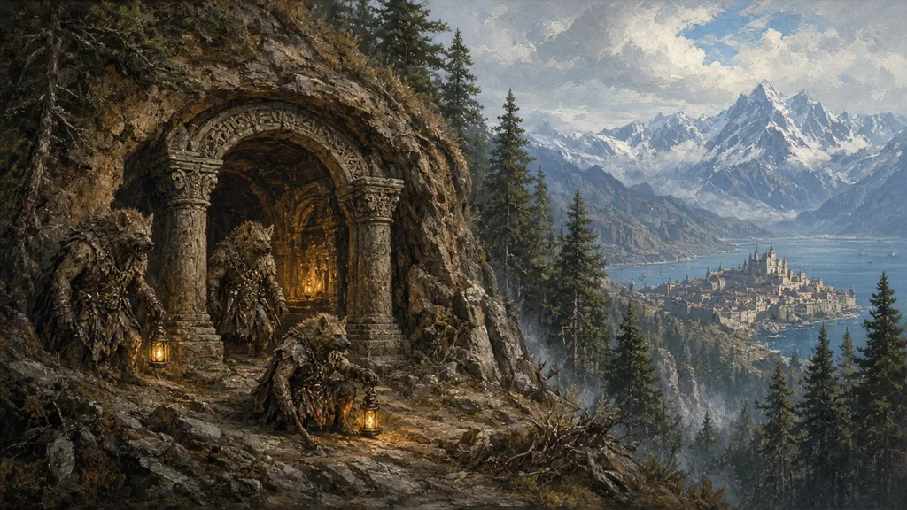 Painting of hyena-like gnolls with lanterns at a carved cave mouth above a coastal city