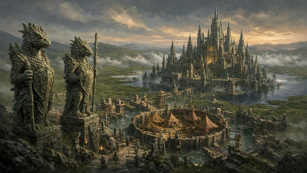 Painting of a walled lizardfolk city on misty moors with ancient reptile statues and an arena of tents