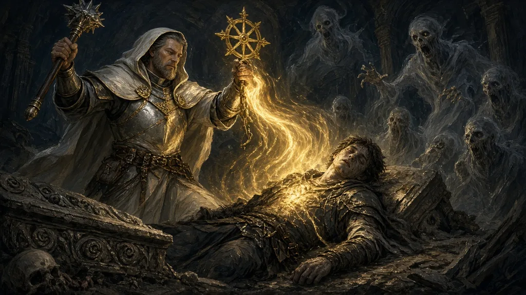 Original painting of a plate-armored cleric raising a holy symbol as golden light revives a fallen adventurer while ghosts recoil