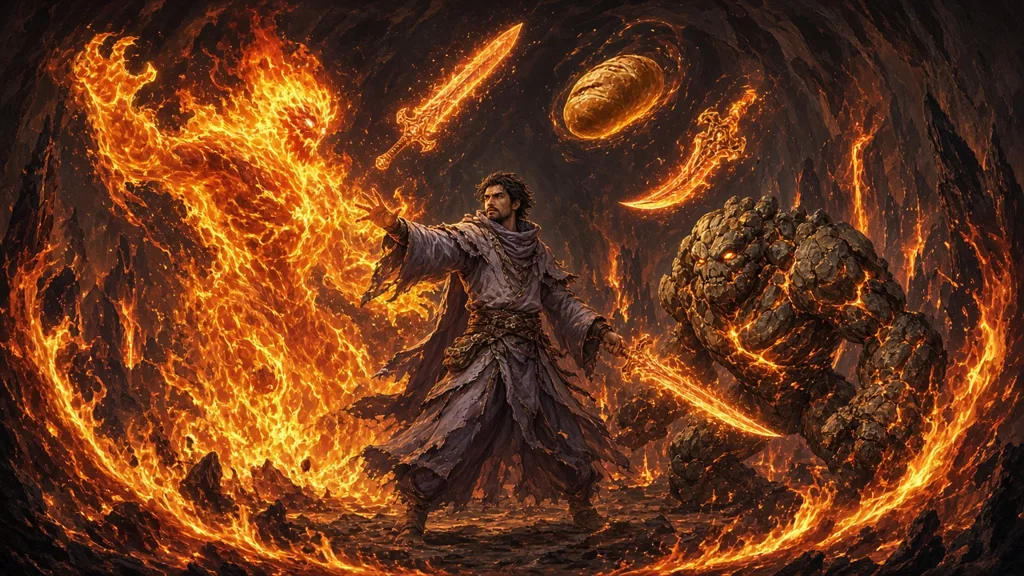 Original painting of a robed magician commanding fire and earth elementals with conjured glowing weapons in a volcanic cavern