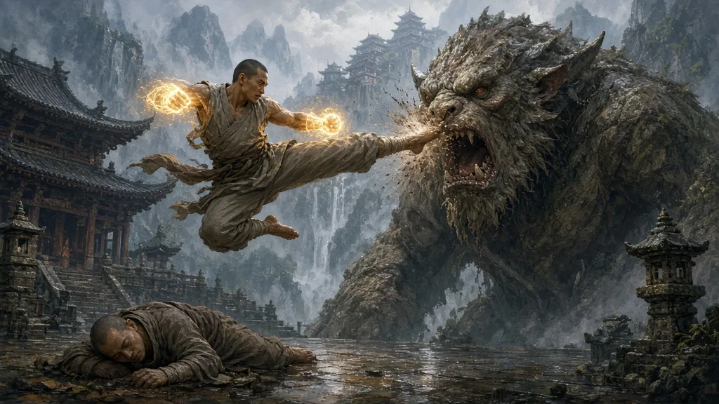 Original painting of a barefoot monk mid flying kick against a giant beast in a mountain temple courtyard, another monk feigning death