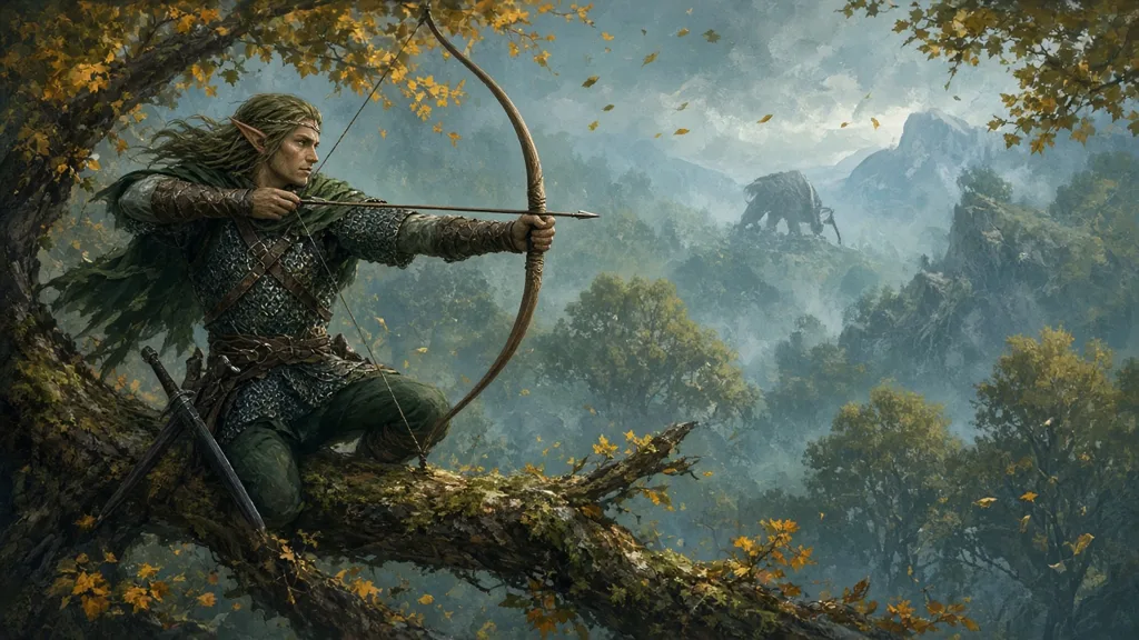 Original painting of a wood elf ranger in chain mail drawing a longbow from a high branch over a misty autumn forest