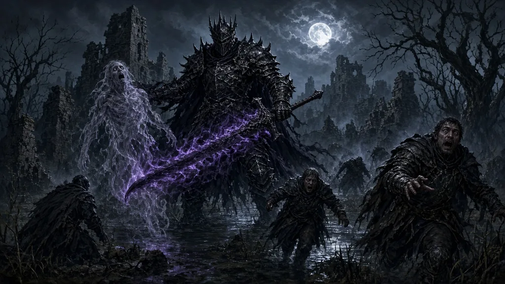 Original painting of a shadow knight in black spiked plate draining a ghostly soul with a purple-shadowed greatsword in moonlit swamp ruins