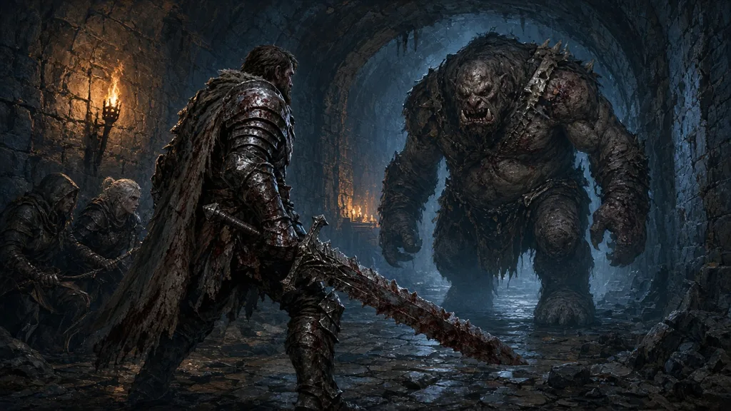 Original painting of a battle-scarred plate-armored warrior with a jagged greatsword facing a huge brute in a torchlit dungeon