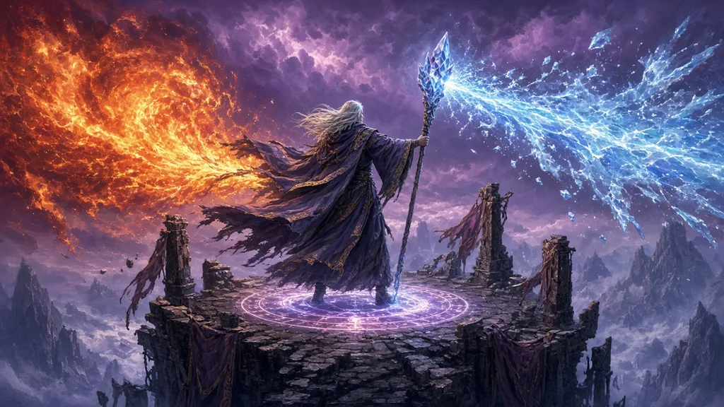 Original painting of a wizard on a ruined tower hurling fire and ice from a crystal staff above a glowing teleport circle