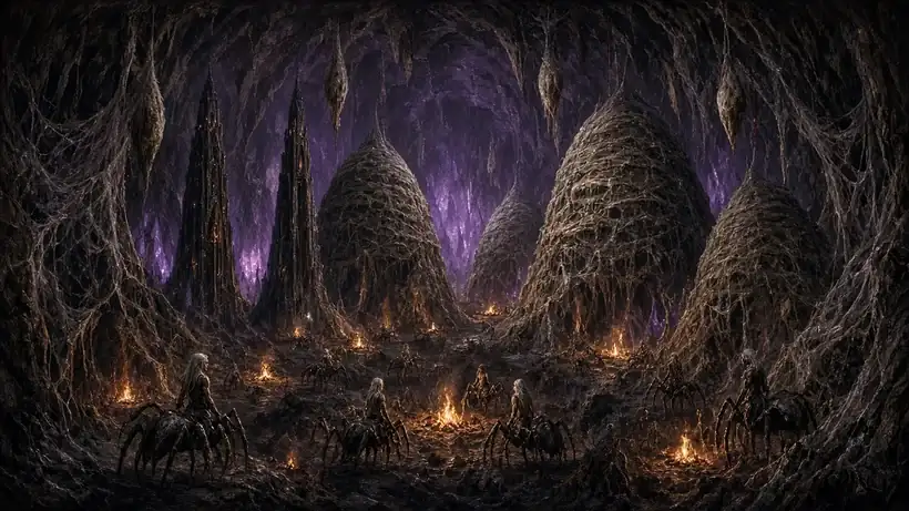 Painting of a vast cavern hive with small campfires, two dark spires and four huge web-wrapped mounds, pale long-haired elf-like riders mounted on giant spiders, and cocoons hanging from the roof