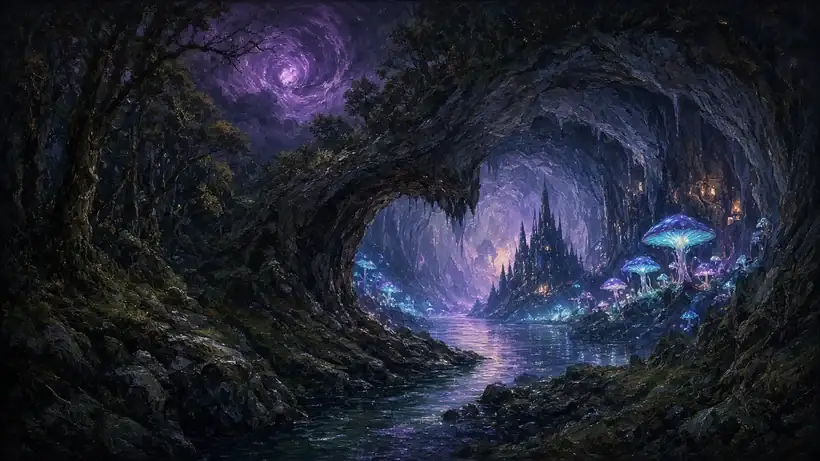 Painting of a night forest river flowing under a rock arch into a glowing cavern of giant mushrooms, an underground lake and a distant dark spire