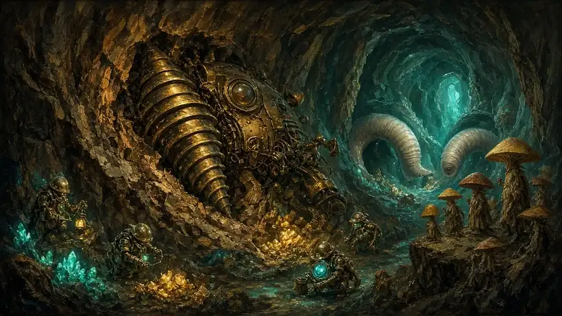 Painting of a crashed brass drilling machine in a cavern where small clockwork gnome miners with glowing cores dig ore, giant worms and mushroom folk nearby