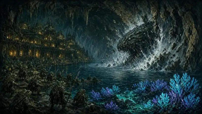 Painting of a vast leviathan bursting from a cavern lake to smash the walls of a glowing underground city as frog-like spear bearers stand on the shore