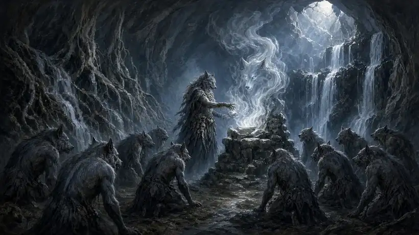 Painting of a werewolf pack kneeling at a stone shrine in a waterfall cavern as their matriarch calls up a wolf spirit from glowing smoke