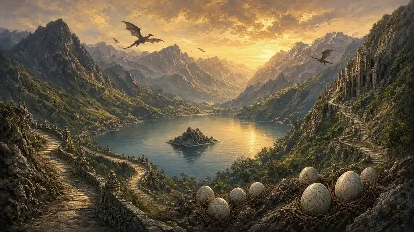 Painting of a mountain-ringed green valley with a lake and rocky island, a carved stone road climbing to a temple, and dragon eggs in nests