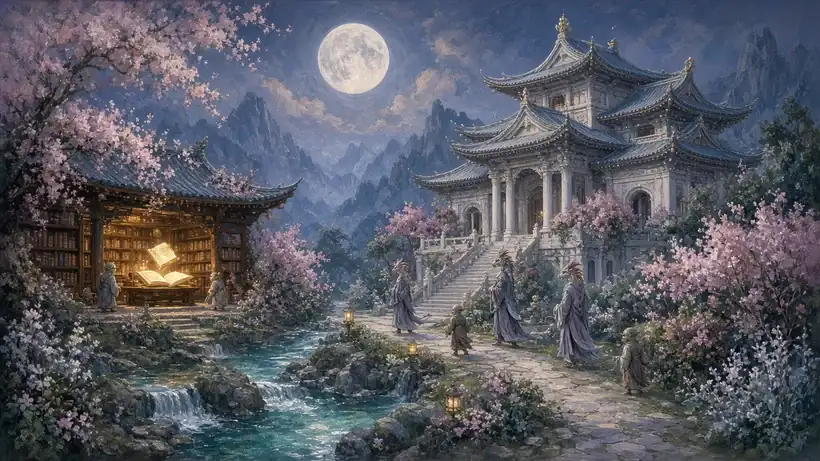 Painting of an elegant moonlit mountain temple among flowering gardens and clear streams, with an open library of books and robed goblins and dragonkin walking the paths