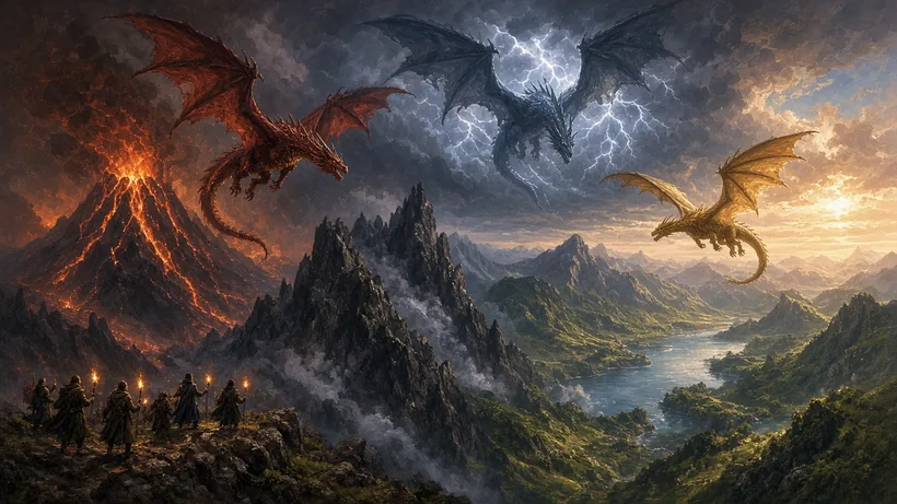 Painting of a red, a storm-blue and a golden dragon over a volcano, craggy mountains and a green valley lake, with torch-bearing adventurers below