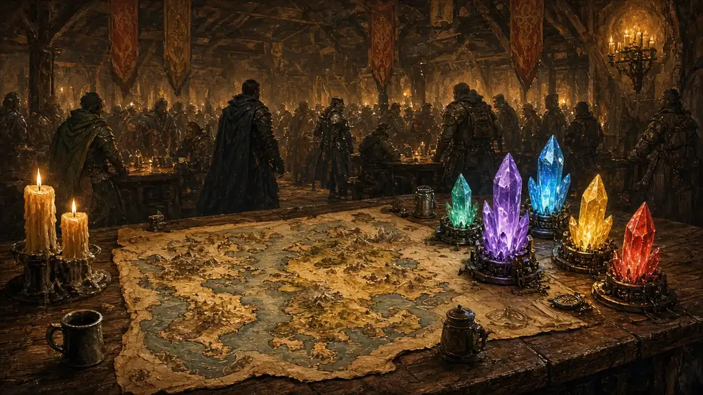 Original painting of adventurers gathered around a world map and glowing server crystals in a tavern