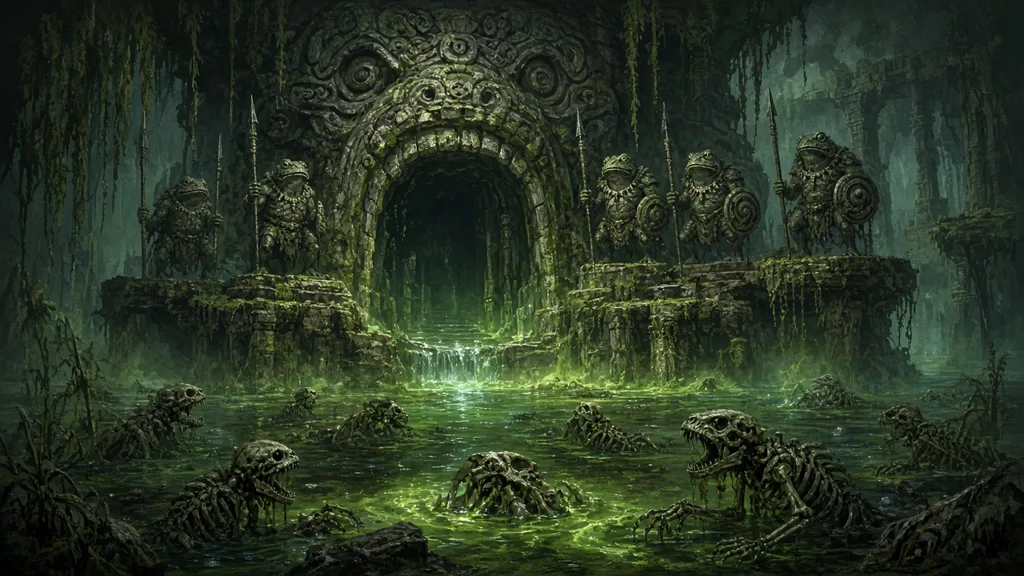 Painting of frog-folk spearmen at a carved stone gate above green water full of skeletal frog-folk