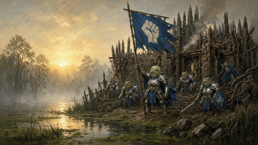 Painting of armored frog-folk paladins raising a blue banner over a captured swamp fortress of crude timber and stone at dawn