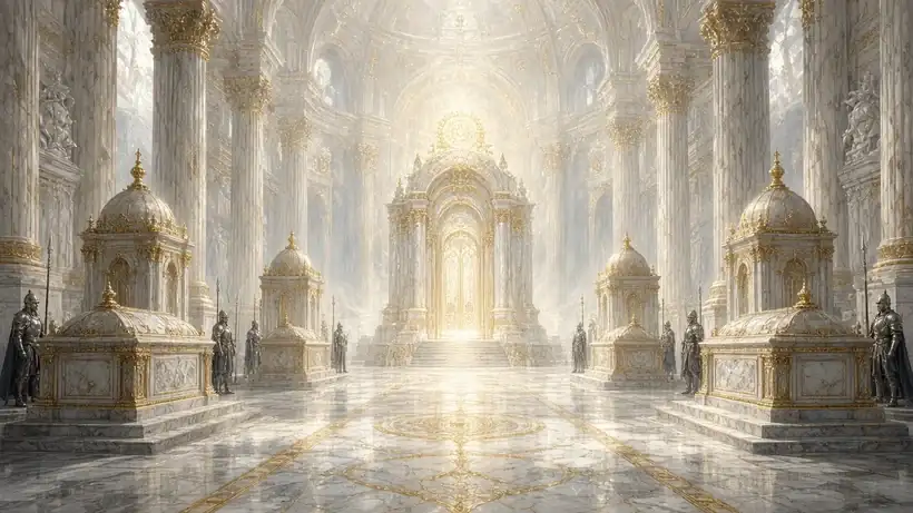 Painting of a radiant white marble hall with gold trim, domed mausoleums and shrines, silver-armored guards and a glowing sealed temple at the far end