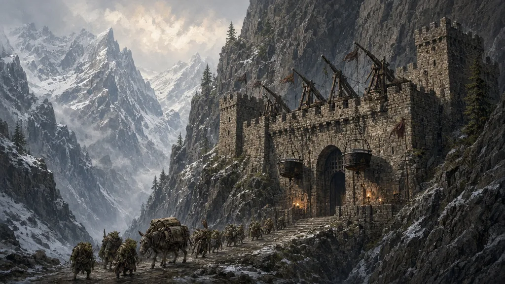 Painting of a stone fortress with catapults guarding a narrow snowy mountain pass as goblins approach