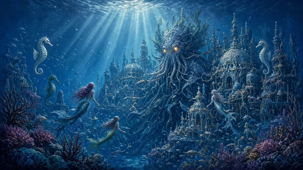 Painting of a giant tentacled sea lord in a sunken palace circled by mermaids and seahorses