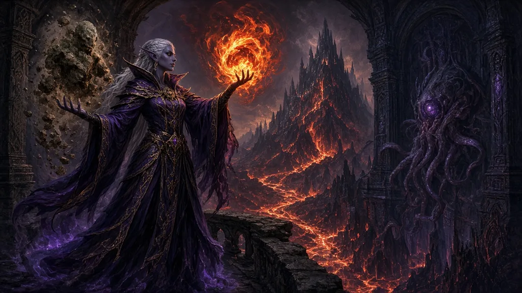 Painting of a dark elf sorceress conjuring fire and stone inside a volcanic citadel with a tentacled horror nearby