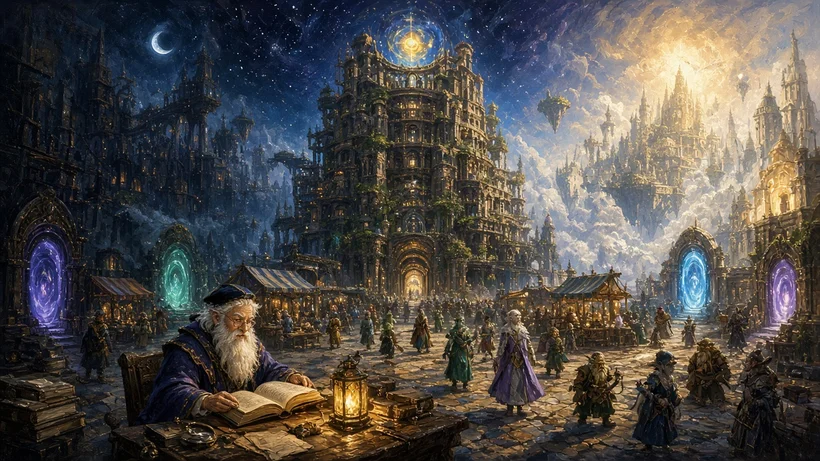 Painting of a towering great library in a starlit city, dark and light districts on either side, glowing gateways and a market square with an old gnome reading