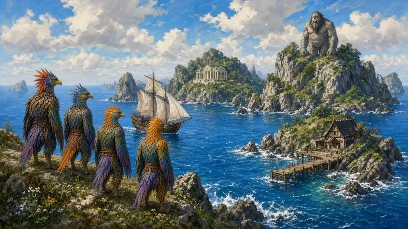 Painted illustration of a calm blue sea dotted with islands: four upright, brightly feathered birdmen on a rocky shore, a sailing ship, a small temple, a dockside tavern and a one-eyed giant on a cliff.