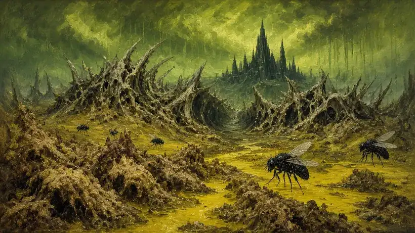 Painting of a diseased swamp of yellow bile under green rain, a ridge of giant bones with a narrow pass and a dark temple beyond, giant flies overhead