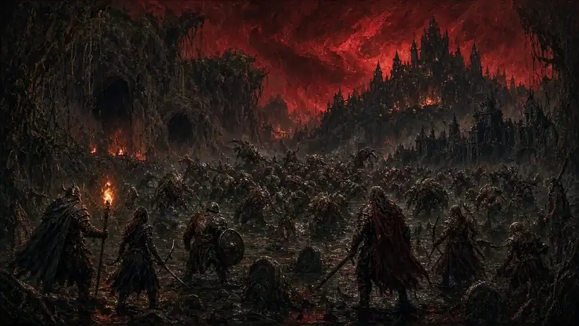 Painted illustration of armoured adventurers with torches facing a horde of grotesque creatures in a burning swamp under a crimson sky, with a dark gothic castle and gravestones beyond.