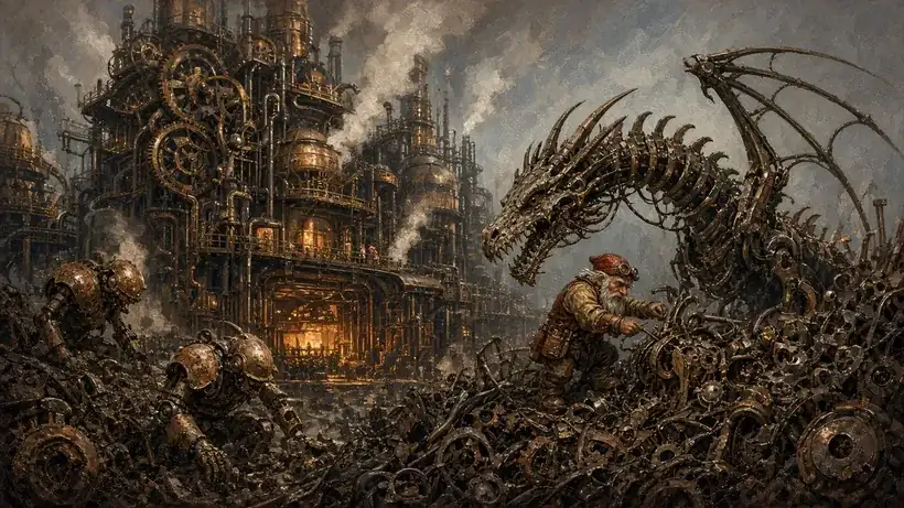 Painting of a steaming brass clockwork factory, rusty robots rummaging in a junkyard and a gnome building a huge clockwork dragon