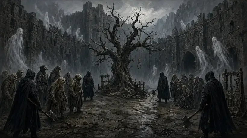 Painting of a bleak prison courtyard with a dead tree and empty noose, hooded axe-bearing guards, two wary groups of prisoners and drifting ghosts