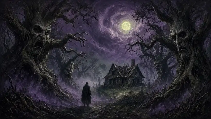 Painting of a dark forest of trees with snarling faces looming over a lone traveler near a run-down cottage and small graveyard under a purple sky