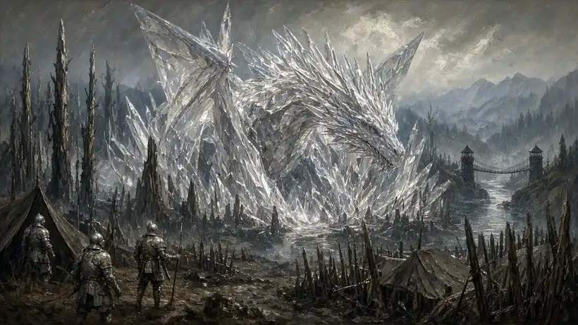 Painting of a crystalline dragon trapped in glass shards in a forest turned to glass, soldiers camped around it and twin towers bridging a river
