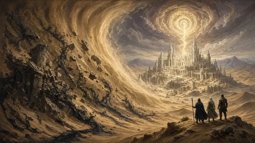 Painted illustration of a sandstorm swirling aside to reveal a pale elven palace in the desert, a glowing portal in the sky and a crumbling dark-veined tower, watched by three adventurers.