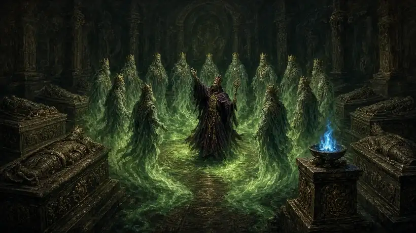Painting of a robed priest performing a ritual in a royal crypt as twelve ghostly crowned kings rise in green mist, a blue-flamed torch on a plinth