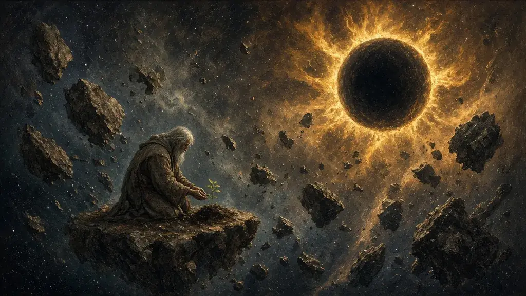 Painting of a lone robed figure tending a tiny green seedling on a floating rock among shattered world fragments around a dark dying sun
