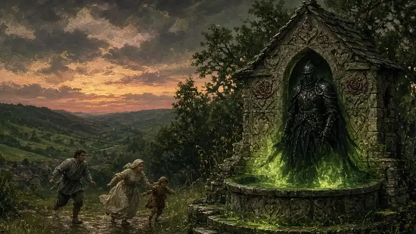 Painting of a dark knight in a sickly green glow at a village fountain shrine carved with roses as villagers flee
