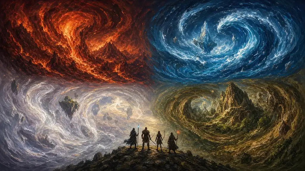 Original painting of a small party standing among swirling realms of fire, water, air and earth