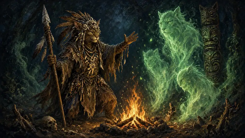 Original painting of a feline tribal shaman summoning green ancestor spirits around a campfire