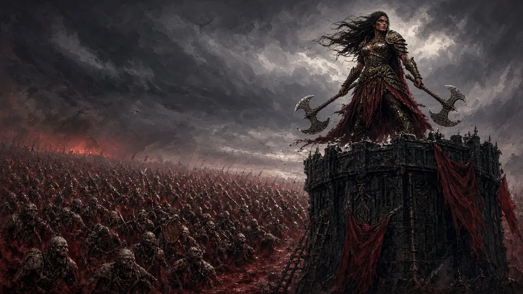Painting of a warrior goddess with twin axes atop a dark tower above an endless army of undead warriors