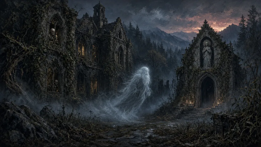 Painting of a haunted mountain manor with a ghostly dwarf drifting toward a ruined chapel