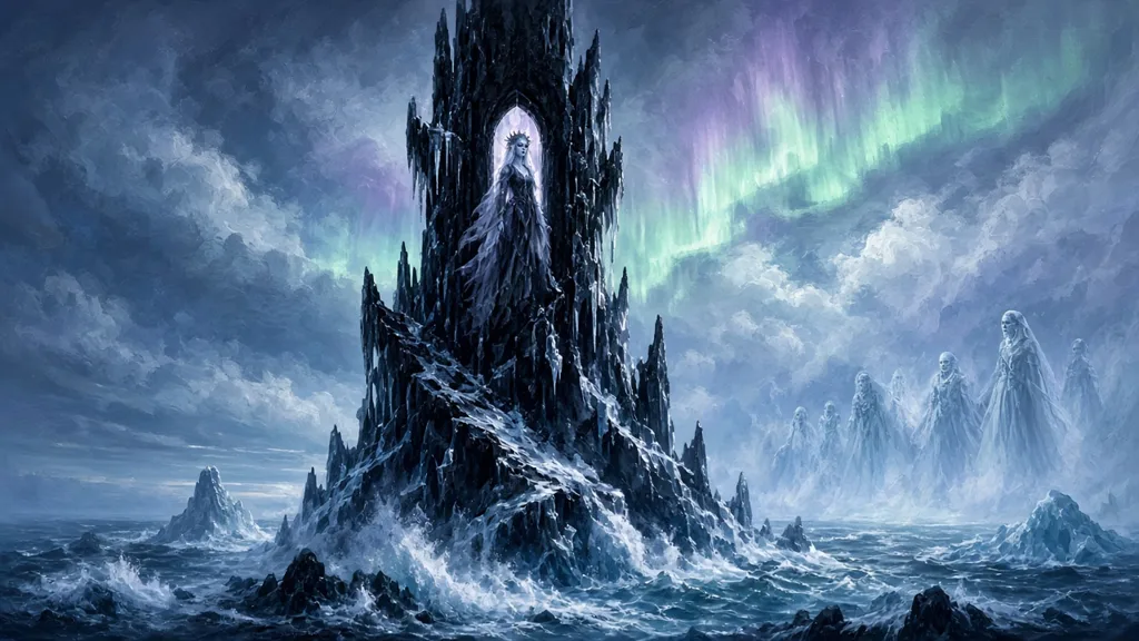 Painting of a black tower of ice in a frozen ocean under an aurora, a pale bride in its window