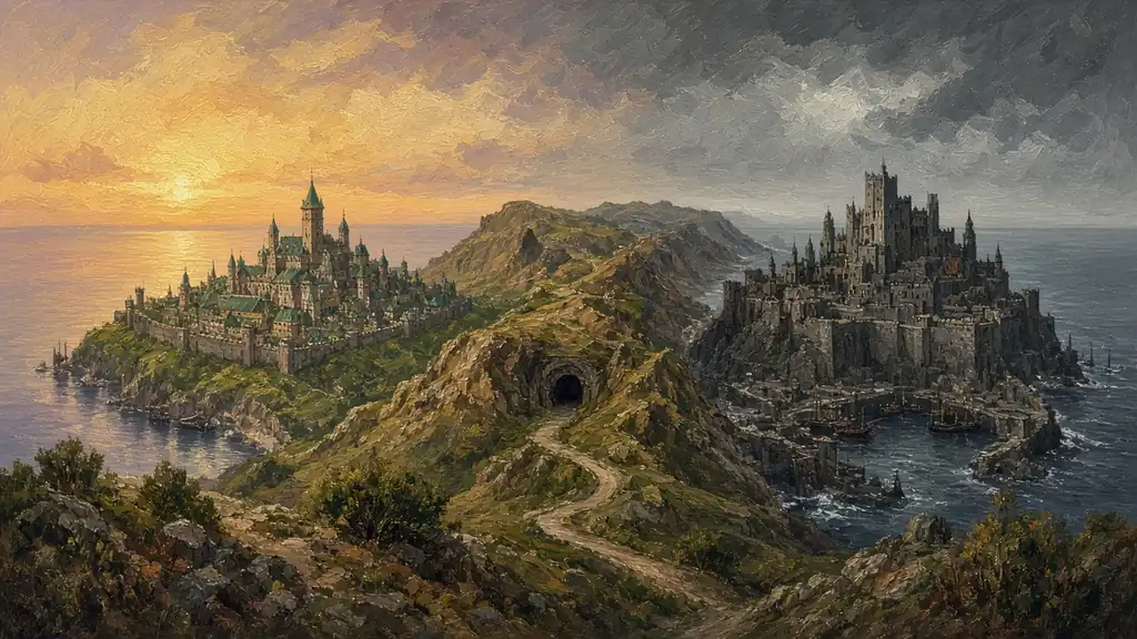 Two rival port cities on opposite coasts linked by a road and tunnel and torch-lit market
