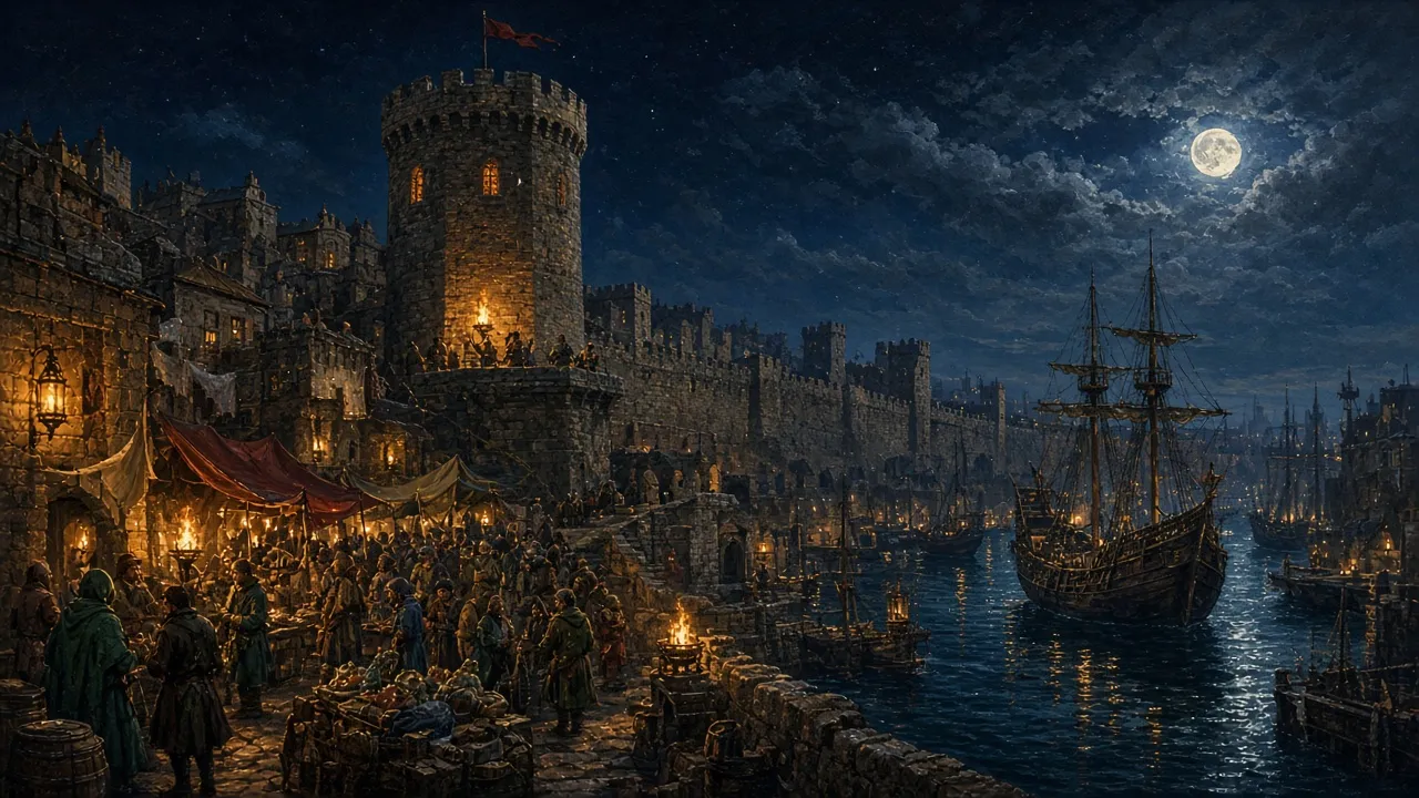 Torch-lit fantasy harbor city at night with a stone guard tower