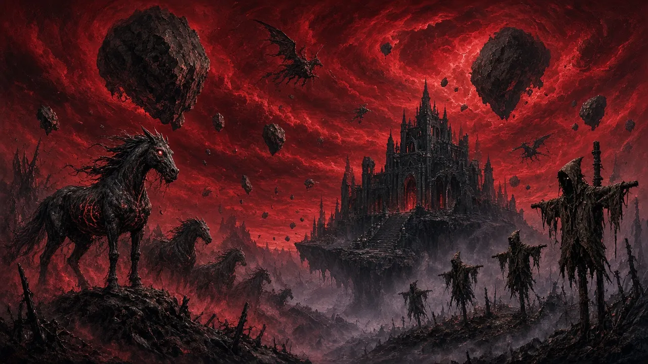 Nightmarish red plane with floating rocks and dark temple