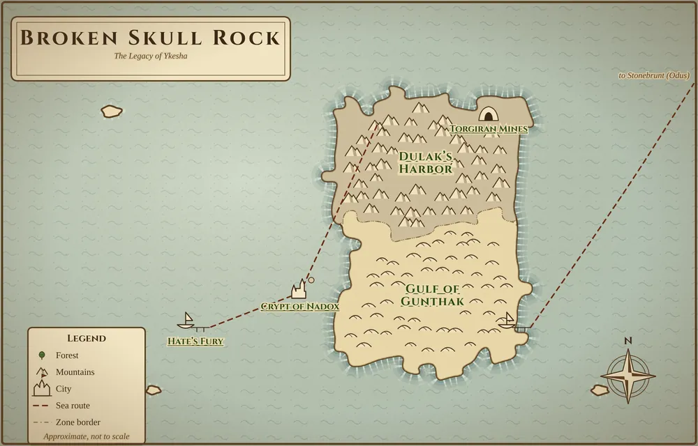 Original illustrated map of Broken Skull Rock, north up, showing its zones and how they connect; the full list of connections follows the map.