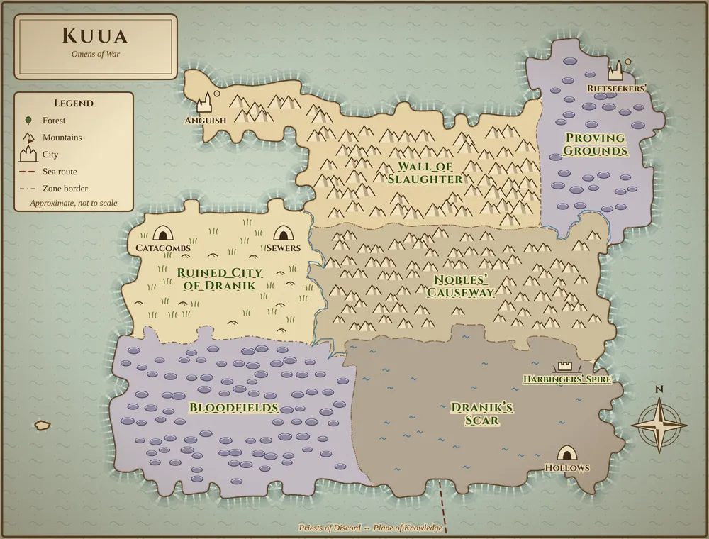 Original illustrated map of Kuua, north up, showing its zones and how they connect; the full list of connections follows the map.