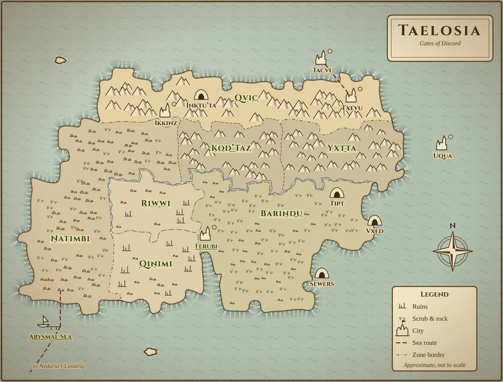 Original illustrated map of Taelosia, north up, showing its zones and how they connect; the full list of connections follows the map.